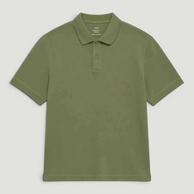 M&S Green Pure Cotton Garment Dyed Polo Shirt Relaxed Fit - Quality Brands Outlet