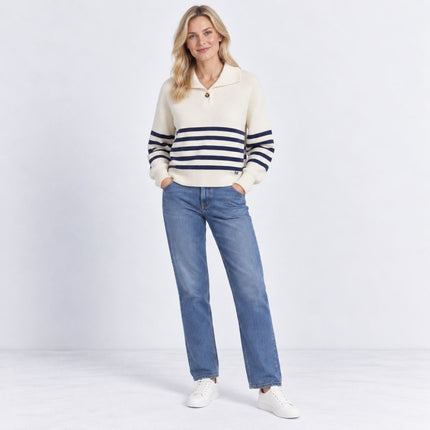 Womens Jumpers Collar Detail Stripe Knit Tops – Navy-Quality Brands Outlet-
