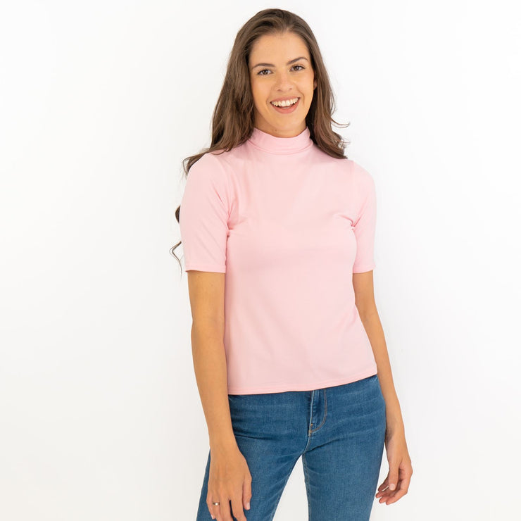 Karen Millen Pink Short Sleeve Jersey Funnel Neck Top