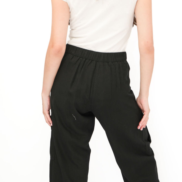 M&S Per Una Cargo Trousers Summer Linen Lyocell Blend Black Wide Leg with Drawstring - Quality Brands Outlet