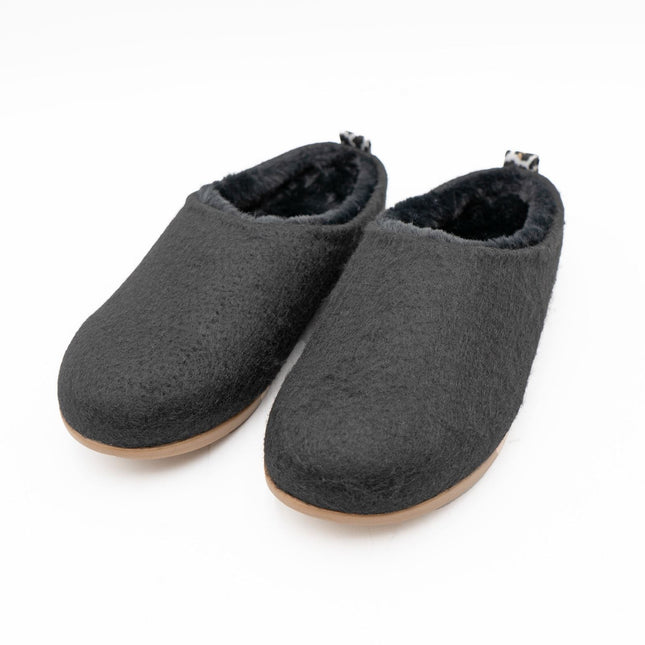 M&S Black Felt Faux Fur Lined Mule Slippers-Quality Brands Outlet-