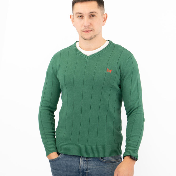 Crew Clothing Mens Jumper Green V-Neck Ribbed Long Sleeve Organic Cotton