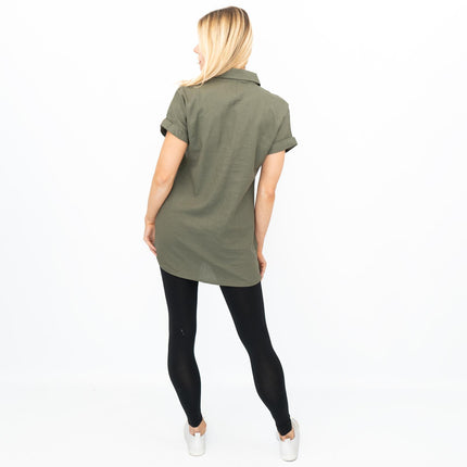Womens Linen Tunic Khaki Green Short Sleeve Shirts-Quality Brands Outlet-