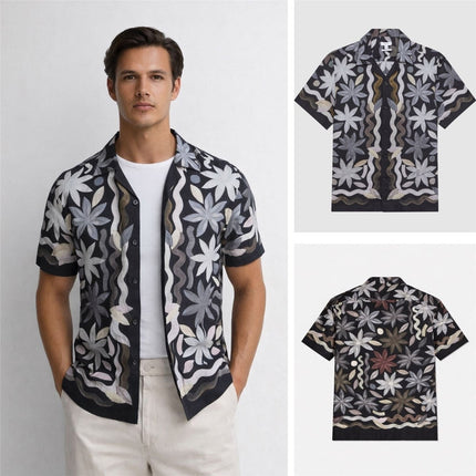 Mens Black Delphi Linen Floral Cuban Collar Shirt - Quality Brands Outlet