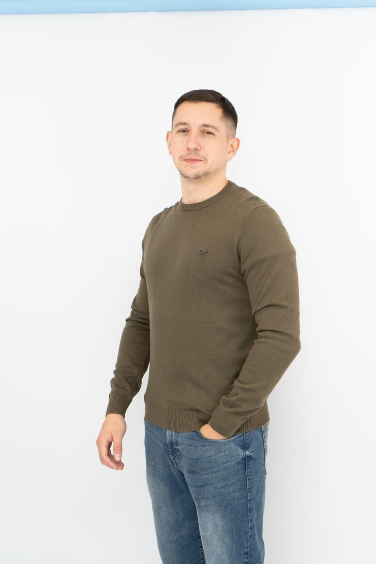 Crew Clothing Mens Knitted Jumper Long Sleeve Khaki Green - Quality Brands Outlet