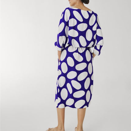 Jasper Conran Beau 3/4 Sleeve Blue Print Boat Neck Relaxed Fit Midi Dresses with Split and Pockets