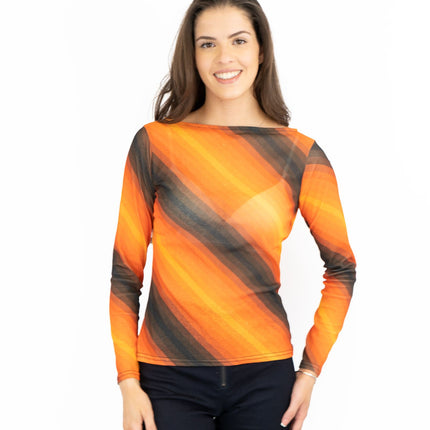 Karen Millen Orange Striped Long Sleeve Mesh Tops-Quality Brands Outlet-
