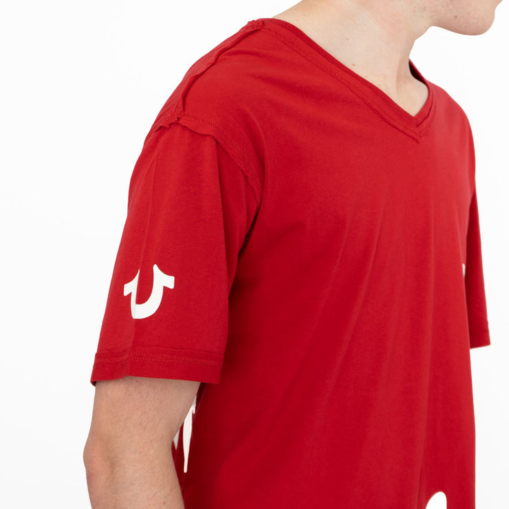 True Religion Men Red V-Neck Logo Print T-Shirt Short Sleeve Casual Cotton Tops