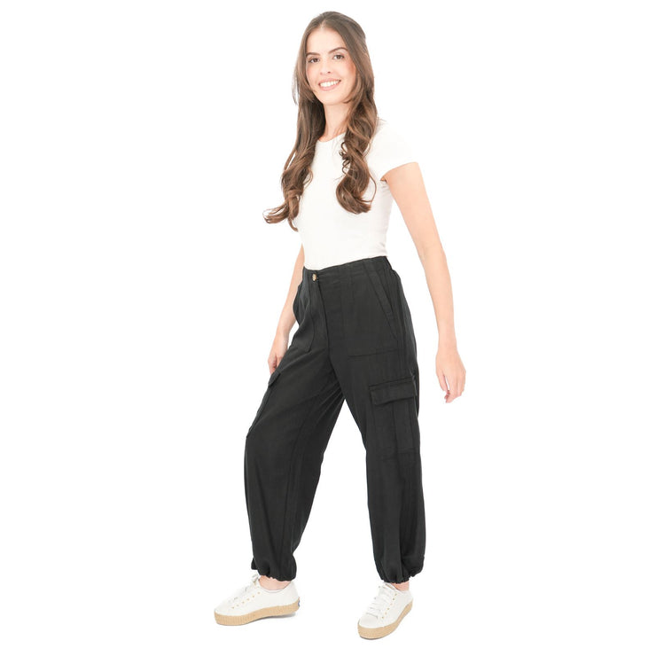 M&S Per Una Cargo Trousers Summer Linen Lyocell Blend Black Wide Leg with Drawstring - Quality Brands Outlet