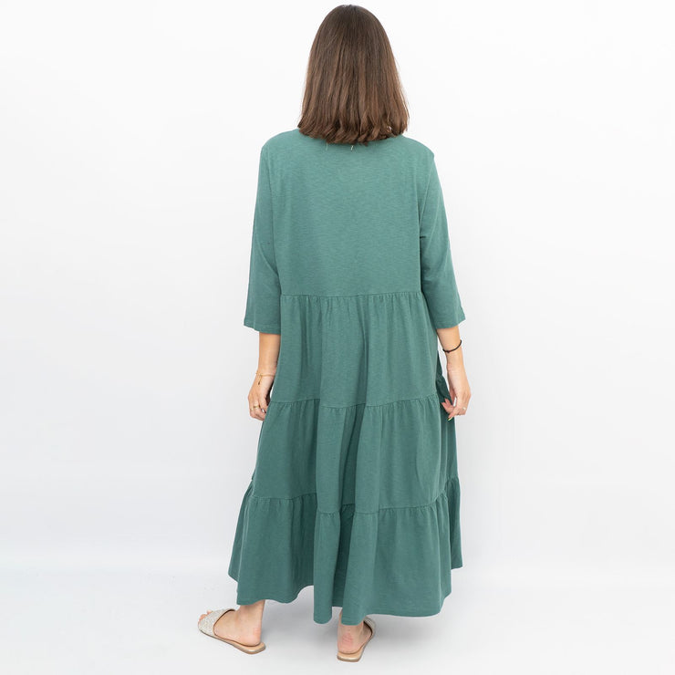 Seasalt Strokes Evergreen Cotton Jersey 3/4 Sleeves Tiered Long Maxi Dresses
