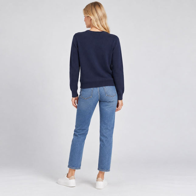 Womens Jumpers Cotton Crew Neck Knit Tops - Navy