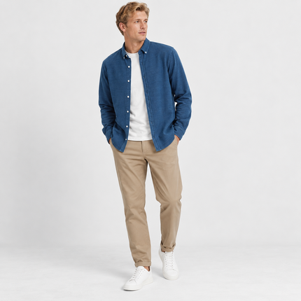 Mens Blue Shirts Long Sleeve Pure Cotton Pique Regular Fit Tops