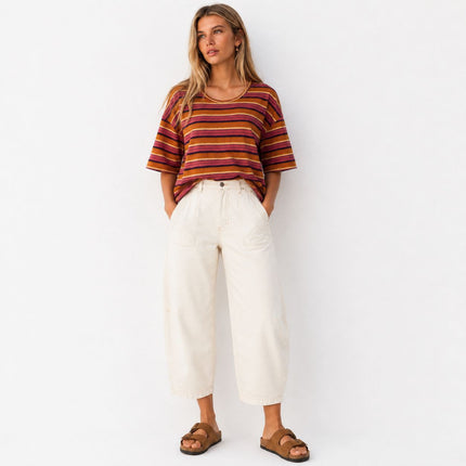Brown Stripe Linen Modal Blend Scoop Neck T-Shirt