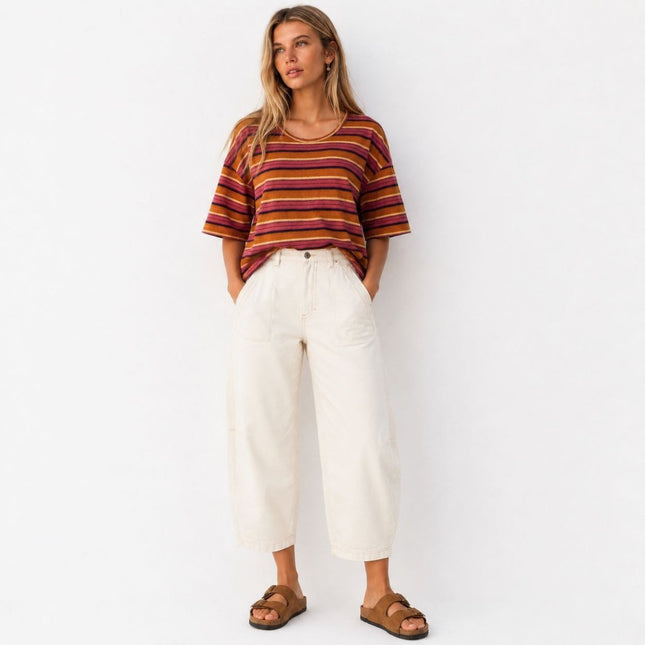 Brown Stripe Linen Modal Blend Scoop Neck T-Shirt-Quality Brands Outlet-