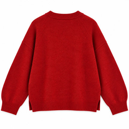 Womens Jumpers Relaxed Fit Crew Neck Knit Tops - Red