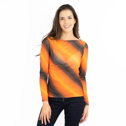 Karen Millen Orange Striped Long Sleeve Mesh Tops-Quality Brands Outlet-