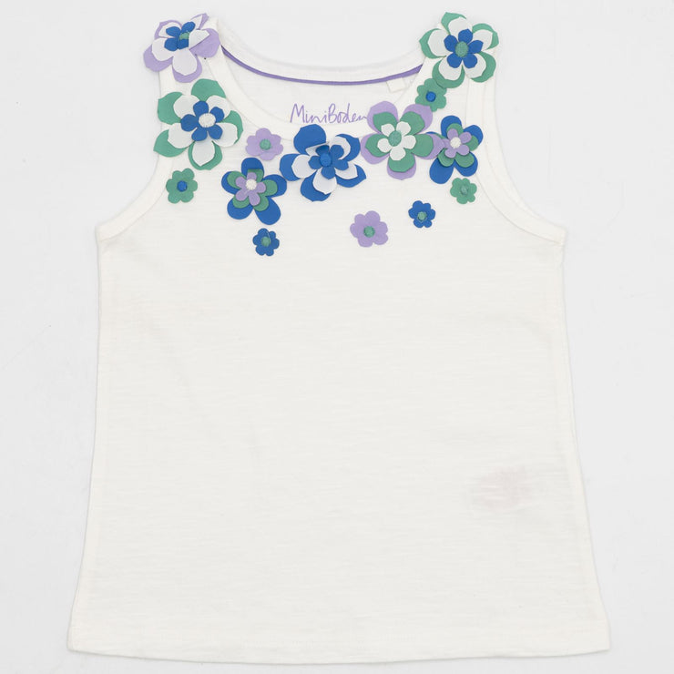Mini Boden Girls T-Shirts White with Floral Aplique Sleeveless Summer Vest Tops