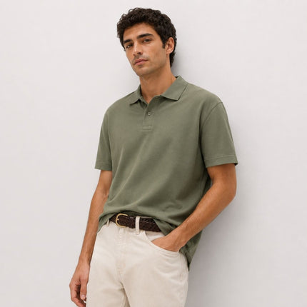 M&S Green Pure Cotton Garment Dyed Polo Shirt Relaxed Fit - Quality Brands Outlet