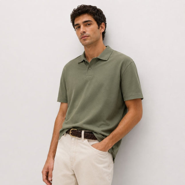 M&S Green Pure Cotton Garment Dyed Polo Shirt Relaxed Fit - Quality Brands Outlet