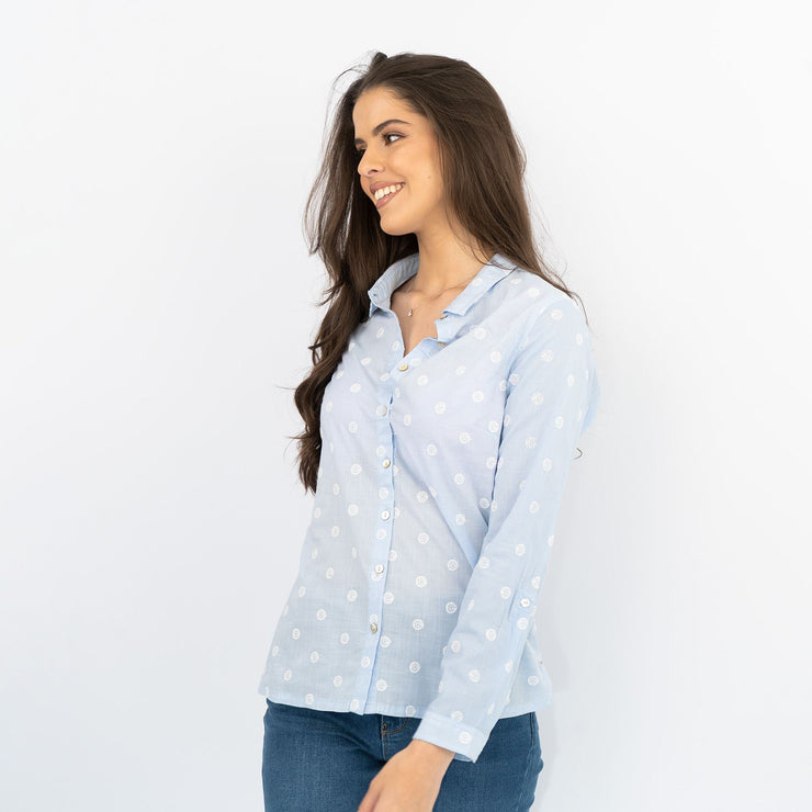 White Stuff Long Sleeve Relaxed Fit Button-Up Lightweight Cotton Blue Embroidered Shirts