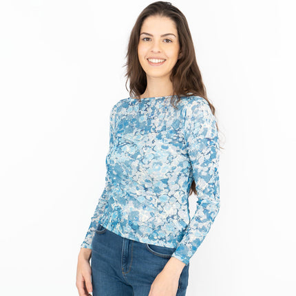 Karen Millen Long Sleeve Boat Neck Blue Abstract Tops-Quality Brands Outlet-