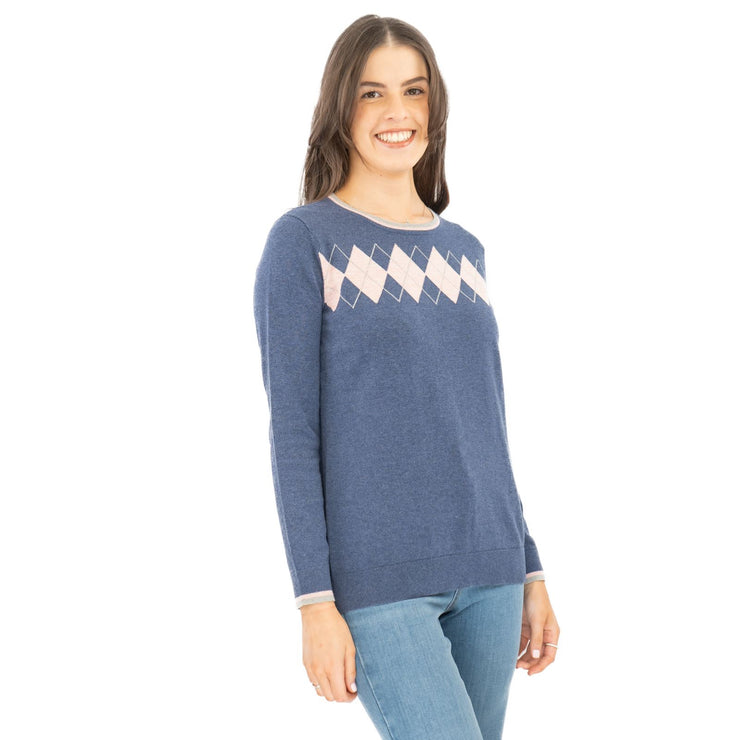 Lucy Argyle Blue Jumper Diamond Intarsia Long Sleeve Tops - Quality Brands Outlet