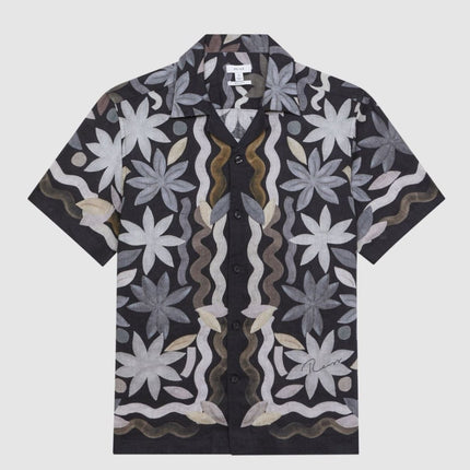 Mens Black Delphi Linen Floral Cuban Collar Shirt - Quality Brands Outlet