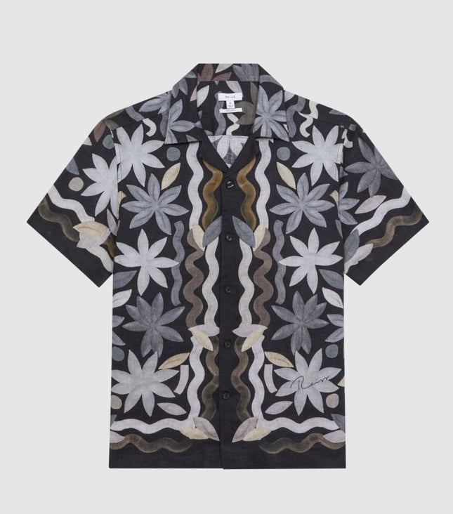 Mens Black Delphi Linen Floral Cuban Collar Shirt - Quality Brands Outlet