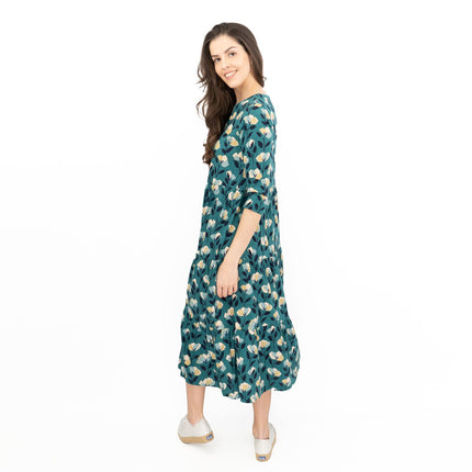 Seasalt Womens Green Floral Jersey Line Strokes 3/4 Sleeves Dress-Quality Brands Outlet-