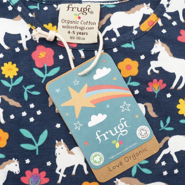 Frugi Baby Girls Dress Skater Indigo Navy Wild Horses Pretty Cotton Short Sleeve - Quality Brands Outlet