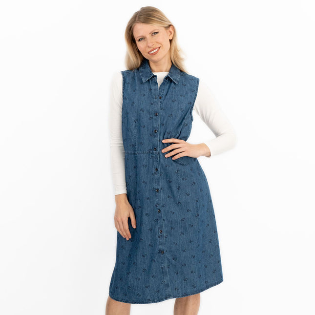 Blue Denim Shirt Dress Sleeveless Collar Button Through Women's Midi Dress-Quality Brands Outlet-