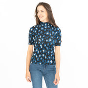 Karen Millen Womens Blue Abstract Short Sleeve High Neck Top