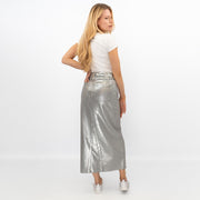 M&S Silver Denim Foil Shimmer Metallic Maxi Skirt Split - Quality Brands Outlet