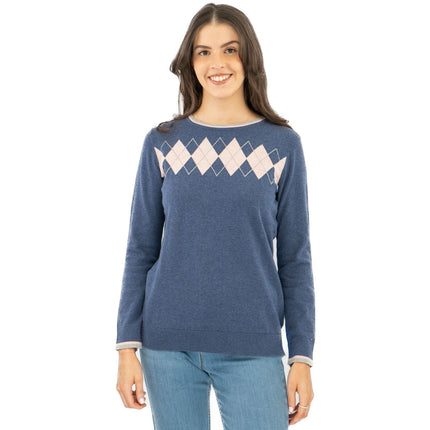 Lucy Argyle Blue Jumper Diamond Intarsia Long Sleeve Tops-Quality Brands Outlet-