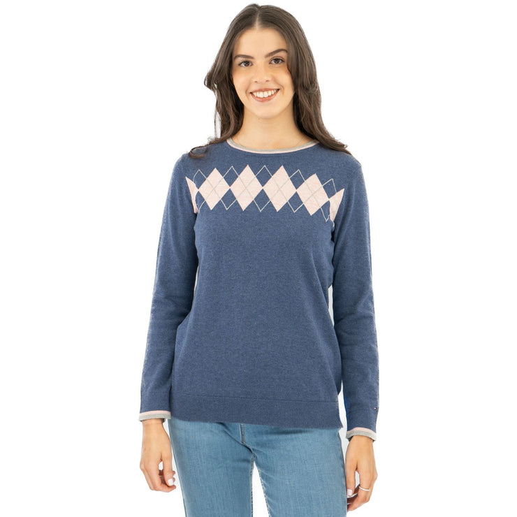 Lucy Argyle Blue Jumper Diamond Intarsia Long Sleeve Tops - Quality Brands Outlet