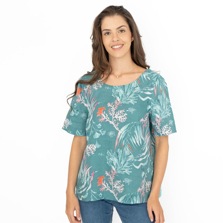 Seasalt Green Seaweed Linen Blouse Relaxed Fit Short Sleeve Tops