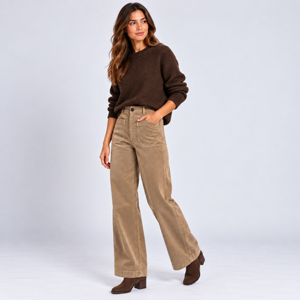 Womens Wide Leg Cord Trousers - Fawn