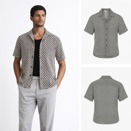 Sterling Shirt Cuban Collar Navy White Geometric Crochet - Quality Brands Outlet