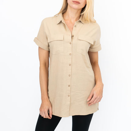 Womens Linen Tunic Beige Short Sleeve Shirts-Quality Brands Outlet-