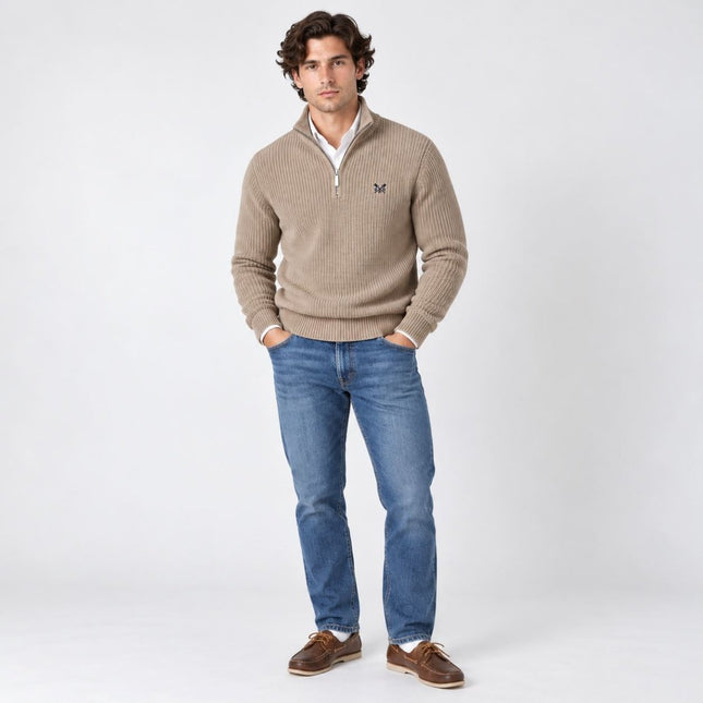 Mens Jumper Fisherman Rib Quarter-Zip – Sand Oatmeal-Quality Brands Outlet-