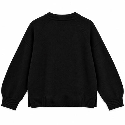 Womens Jumpers Relaxed Fit Crew Neck Knit Tops - Black