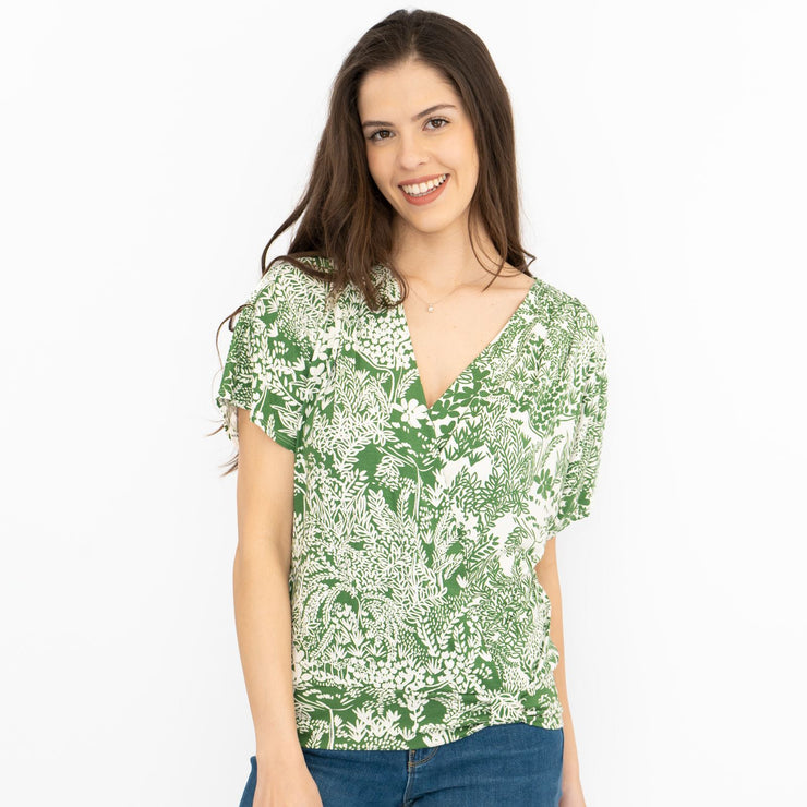 Phase Eight Womens Top Green Short Sleeve V-Neck Summer Cotton Ivory Relaxed