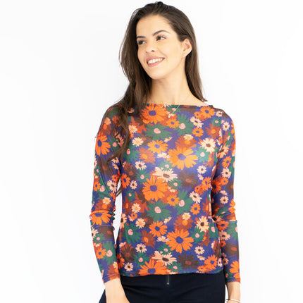Karen Millen Orange Floral Boat Neck Long Sleeve Tops-Quality Brands Outlet-