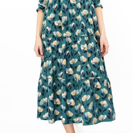 Seasalt Womens Green Floral Jersey Line Strokes 3/4 Sleeves Dress-Quality Brands Outlet-