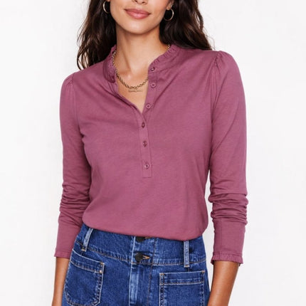 Boden Damson Pink Supersoft Frill Henley Top Cotton Modal Slim Fit - Quality Brands Outlet