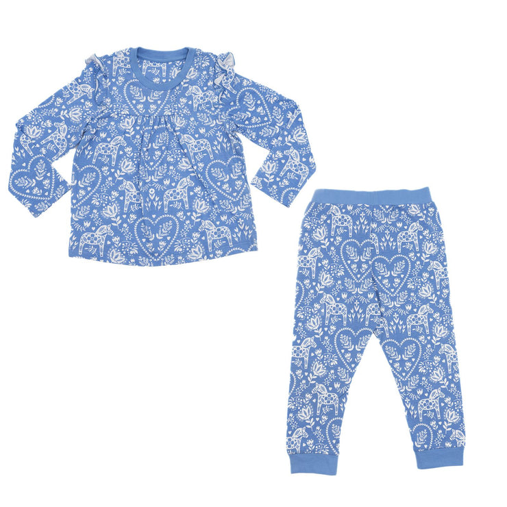 M&S Girls Pyjama Set Blue Long Sleeve Winter Theme Park Print