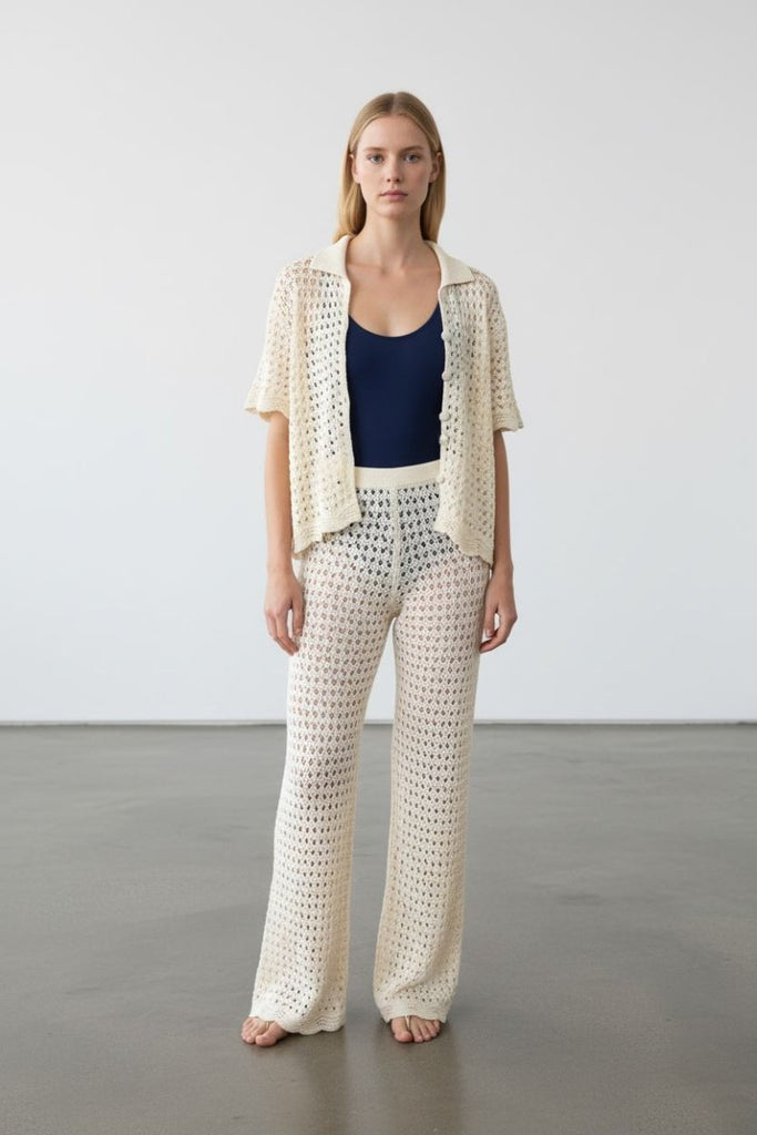 Ivory Crochet Knit Wide Leg Trousers for Effortless Style