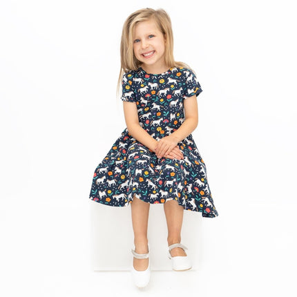 Frugi Baby Girls Dress Skater Indigo Navy Wild Horses Pretty Cotton Short Sleeve - Quality Brands Outlet