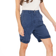 M&S Cargo Shorts Elastic Waist Cotton Lyocell Navy Blue Turn Up - Quality Brands Outlet