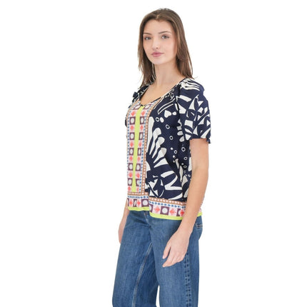 White Stuff Imogen Short Sleeve Top Navy Print Lightweight Summer - Quality Brands Outlet